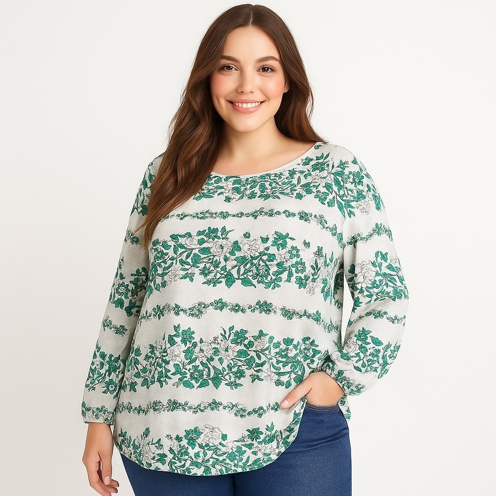 Lane Bryant Rayon Nylon Floral Blouse Boho Lagenlook Plus Size 30/32 white green